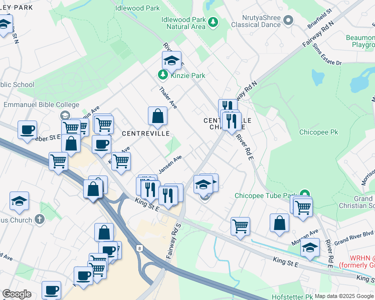 map of restaurants, bars, coffee shops, grocery stores, and more near 168 Jansen Avenue in Kitchener