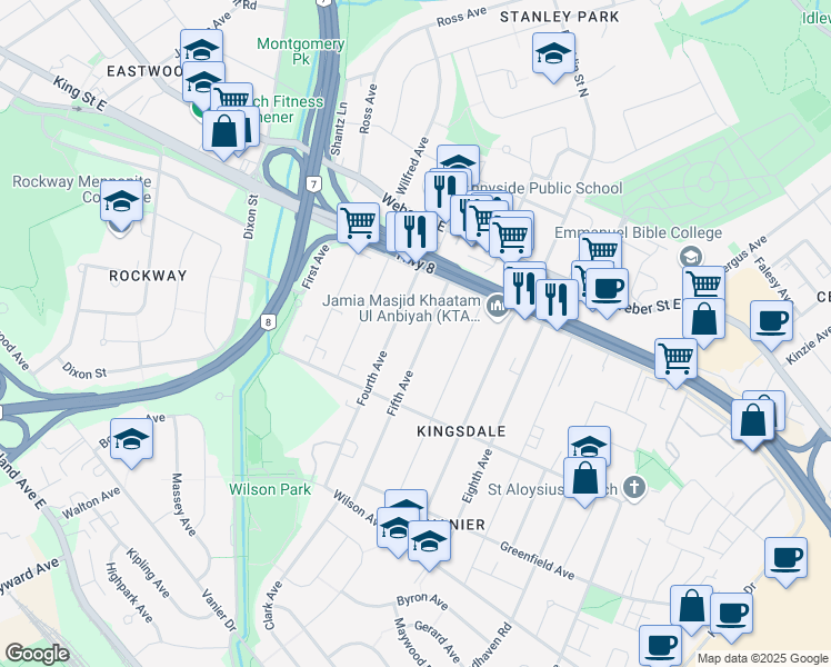 map of restaurants, bars, coffee shops, grocery stores, and more near in Kitchener