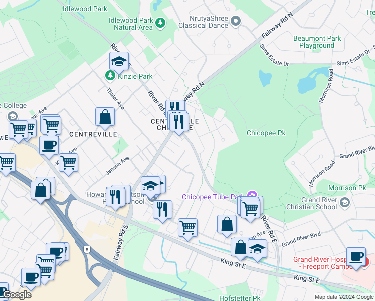 map of restaurants, bars, coffee shops, grocery stores, and more near 278 Thaler Avenue in Kitchener