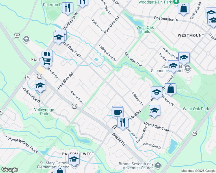 map of restaurants, bars, coffee shops, grocery stores, and more near 2485 Blue Holly Crescent in Oakville