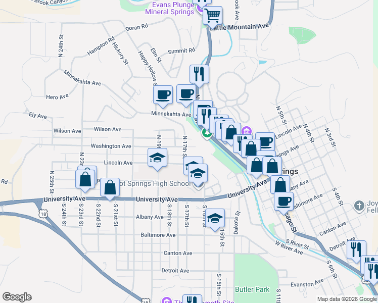 map of restaurants, bars, coffee shops, grocery stores, and more near 1645 Washington Avenue in Hot Springs