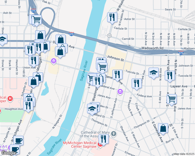 map of restaurants, bars, coffee shops, grocery stores, and more near 132 South Water Street in Saginaw