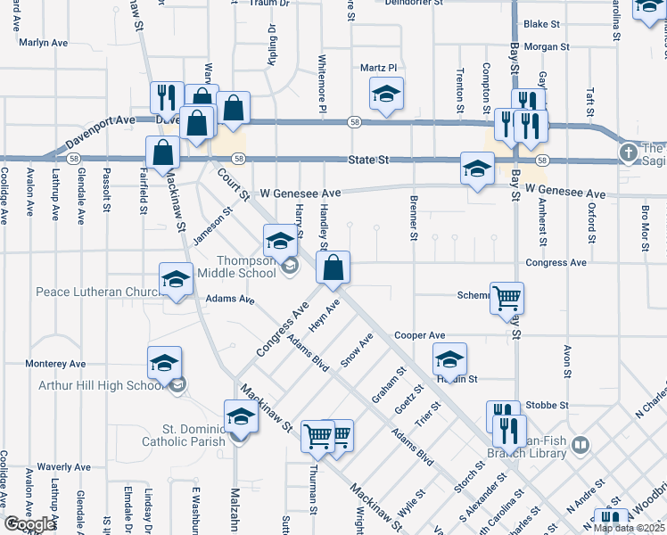 map of restaurants, bars, coffee shops, grocery stores, and more near 9 Elmview Court in Saginaw