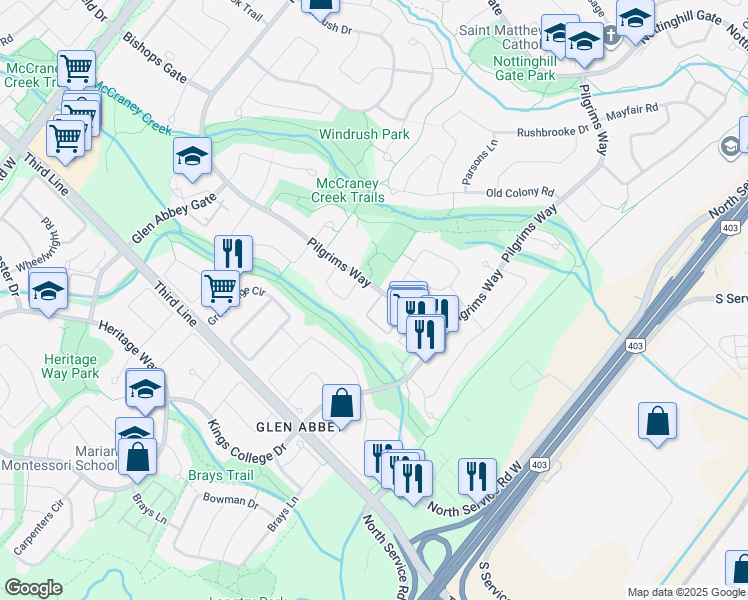 map of restaurants, bars, coffee shops, grocery stores, and more near 1500 Pilgrims Way in Oakville