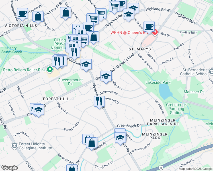 map of restaurants, bars, coffee shops, grocery stores, and more near 154 Gatewood Road in Kitchener