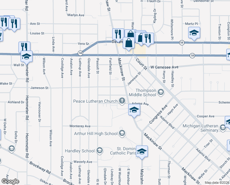 map of restaurants, bars, coffee shops, grocery stores, and more near 437 Hunter Street in Saginaw