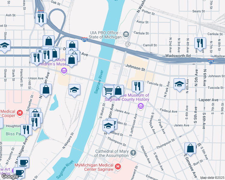map of restaurants, bars, coffee shops, grocery stores, and more near 107 South Washington Avenue in Saginaw Charter Township
