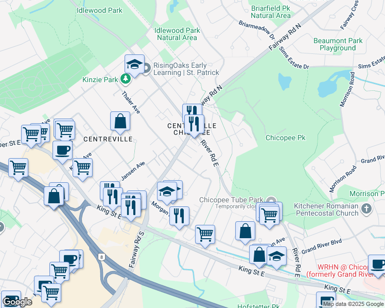 map of restaurants, bars, coffee shops, grocery stores, and more near 258 Thaler Avenue in Kitchener