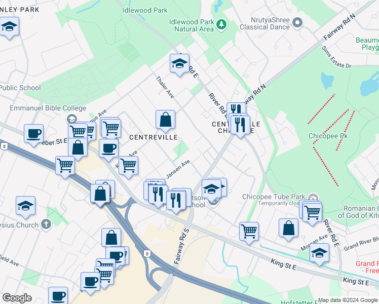 map of restaurants, bars, coffee shops, grocery stores, and more near 168 Jansen Avenue in Kitchener