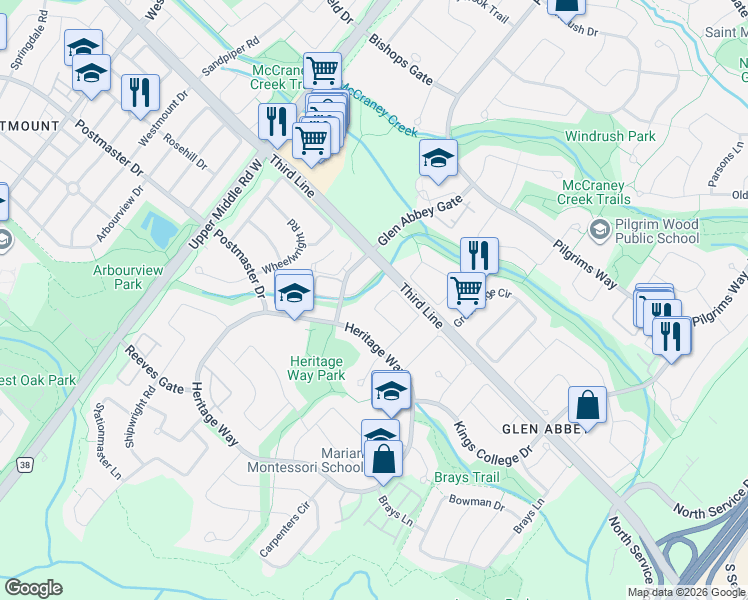 map of restaurants, bars, coffee shops, grocery stores, and more near 2044 Schoolmaster Circle in Oakville