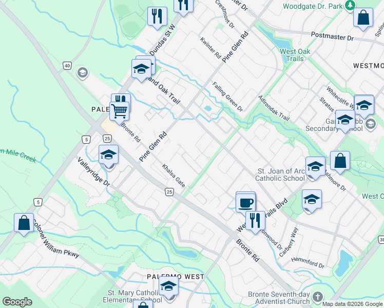 map of restaurants, bars, coffee shops, grocery stores, and more near 2399 Baronwood Drive in Oakville