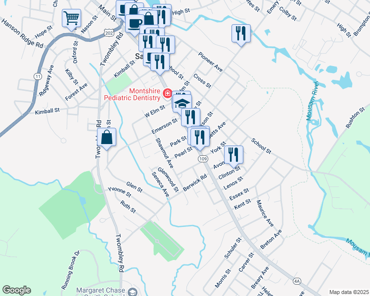 map of restaurants, bars, coffee shops, grocery stores, and more near 14 Pearl Street in Sanford