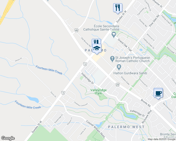map of restaurants, bars, coffee shops, grocery stores, and more near 3064 Dewridge Avenue in Oakville