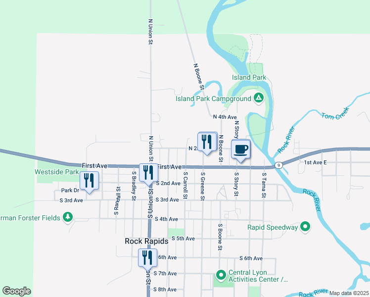 map of restaurants, bars, coffee shops, grocery stores, and more near 100-112 North Carroll Street in Rock Rapids