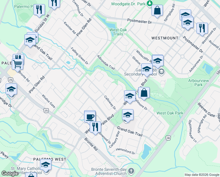 map of restaurants, bars, coffee shops, grocery stores, and more near 2368 Foxhole Circle in Oakville
