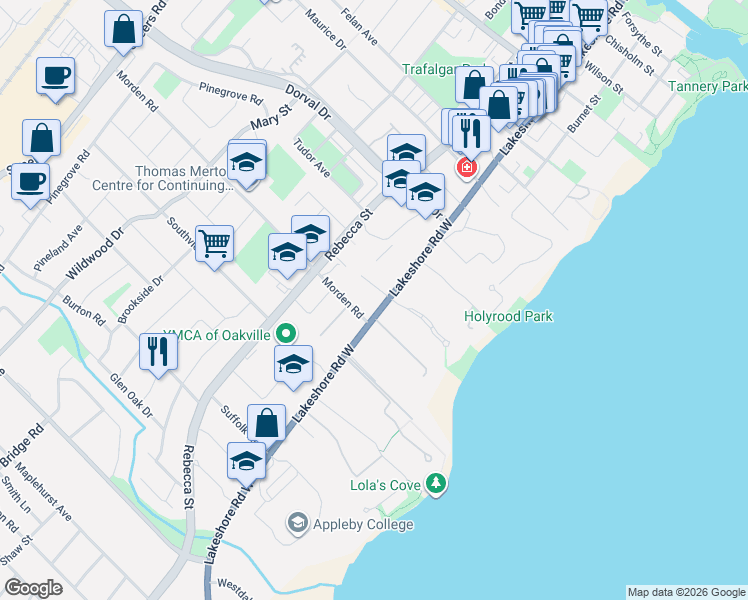 map of restaurants, bars, coffee shops, grocery stores, and more near 335 Lakeshore Road West in Oakville