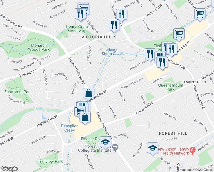 map of restaurants, bars, coffee shops, grocery stores, and more near 205 Highland Crescent in Kitchener