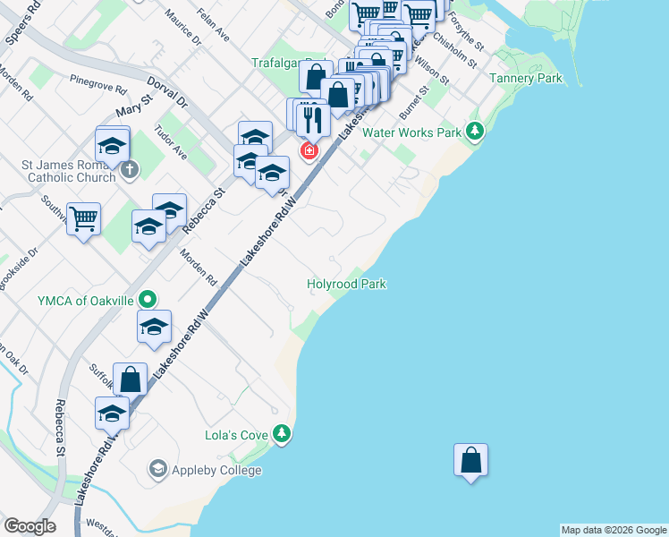 map of restaurants, bars, coffee shops, grocery stores, and more near 31 Holyrood Avenue in Oakville
