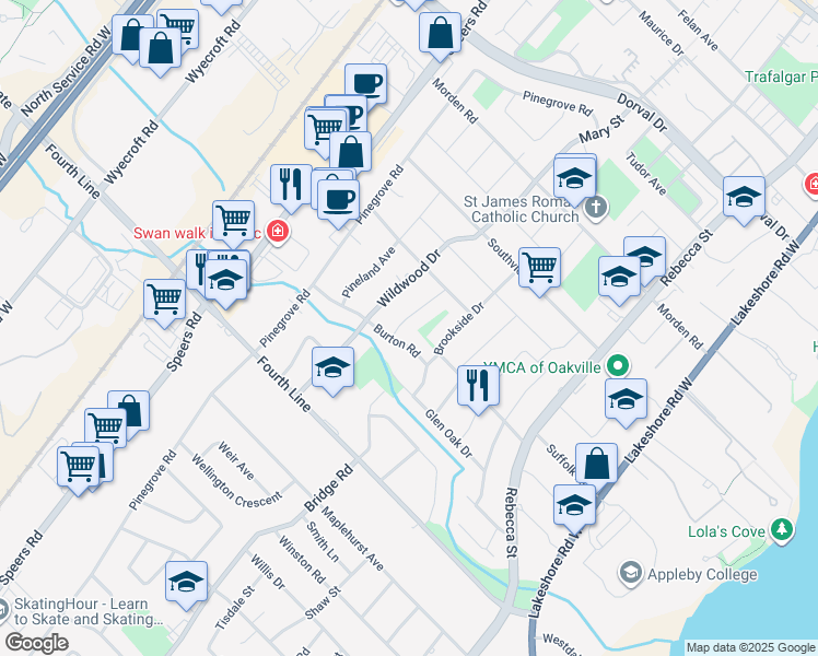 map of restaurants, bars, coffee shops, grocery stores, and more near 514 Trillium Drive in Oakville