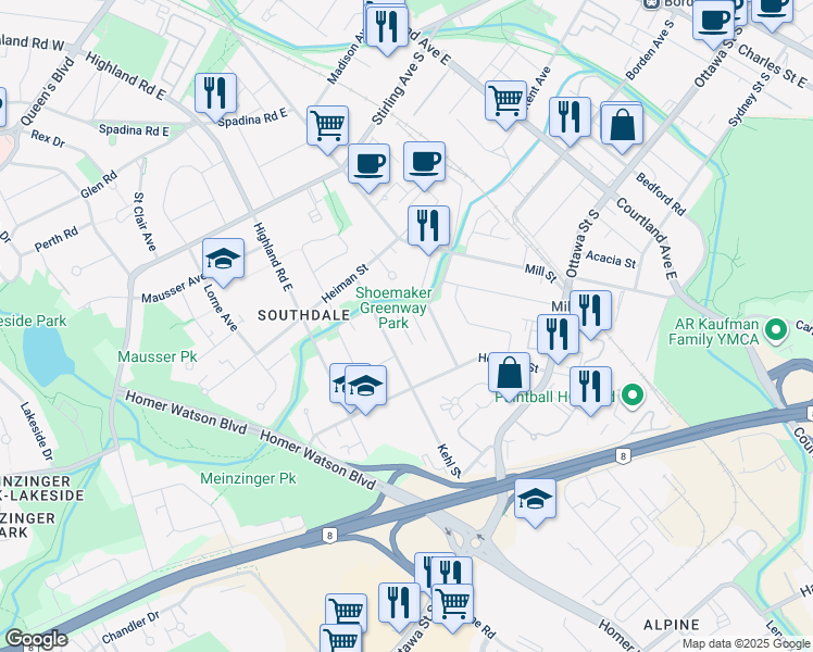 map of restaurants, bars, coffee shops, grocery stores, and more near 78 Borden Parkway in Kitchener