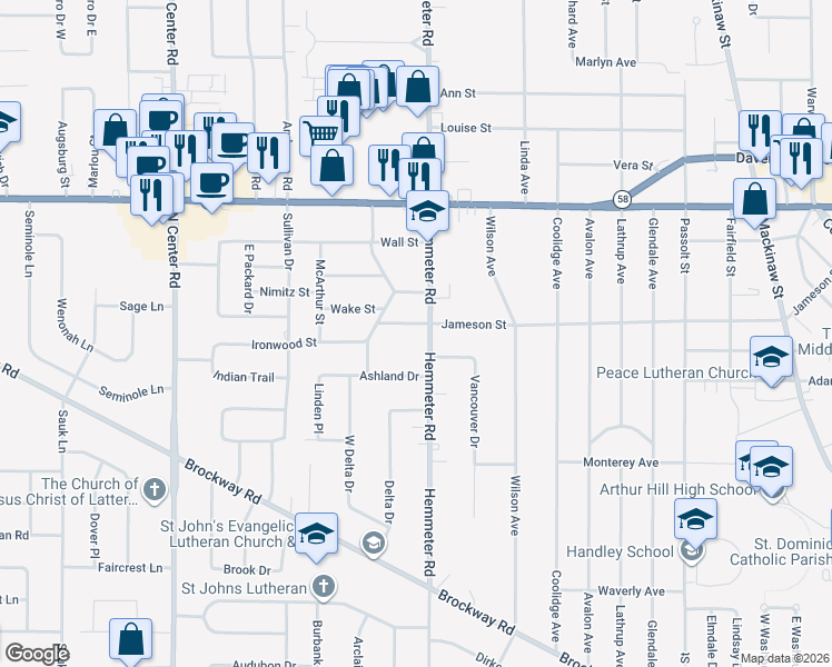 map of restaurants, bars, coffee shops, grocery stores, and more near 4540 Ashland Drive in Saginaw