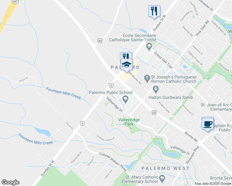 map of restaurants, bars, coffee shops, grocery stores, and more near 3060 Dewridge Avenue in Oakville