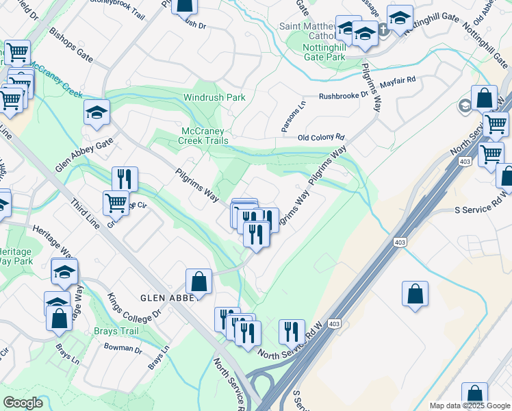 map of restaurants, bars, coffee shops, grocery stores, and more near 1479 Pilgrims Way in Oakville