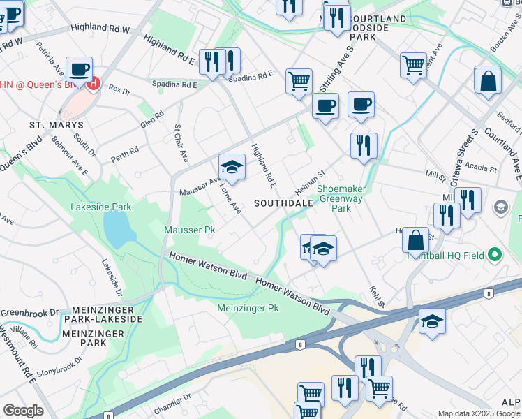 map of restaurants, bars, coffee shops, grocery stores, and more near 158 Heiman Street in Kitchener