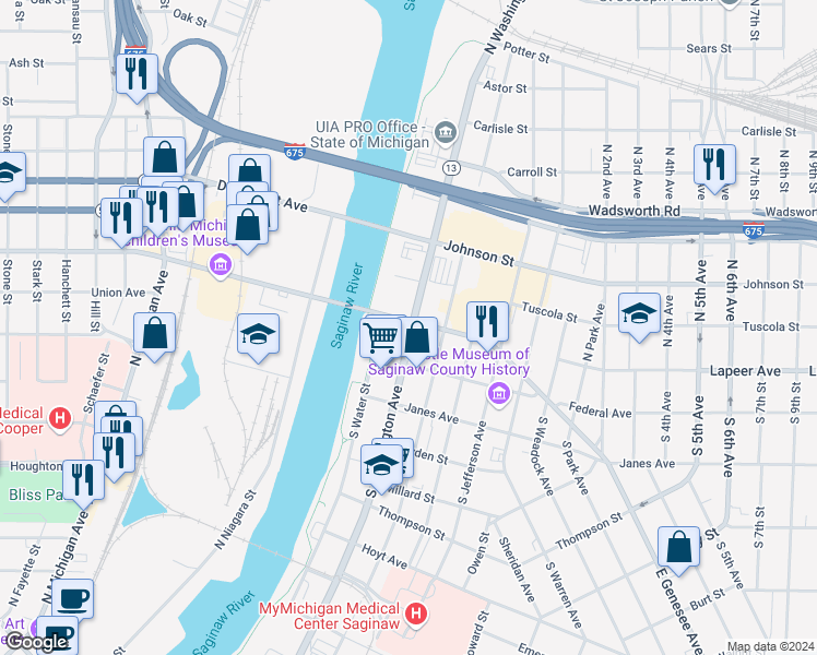 map of restaurants, bars, coffee shops, grocery stores, and more near 123 South Franklin Street in Saginaw