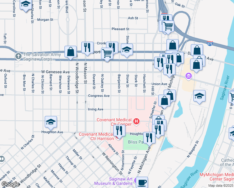 map of restaurants, bars, coffee shops, grocery stores, and more near 1733 Benjamin Street in Saginaw