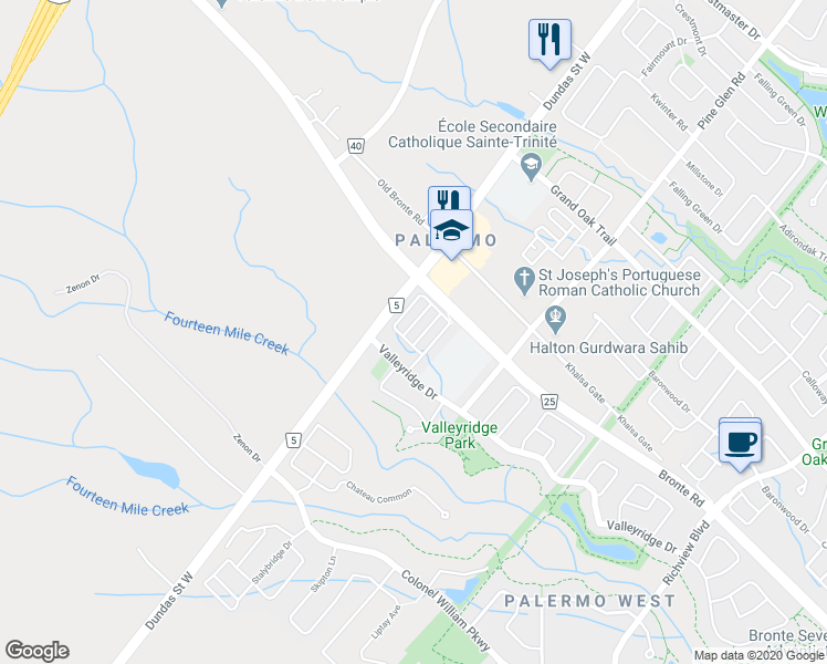map of restaurants, bars, coffee shops, grocery stores, and more near 3060 Dewridge Avenue in Oakville