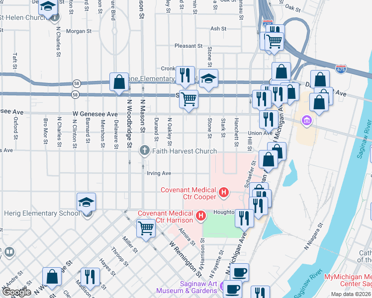 map of restaurants, bars, coffee shops, grocery stores, and more near 1733 Benjamin Street in Saginaw