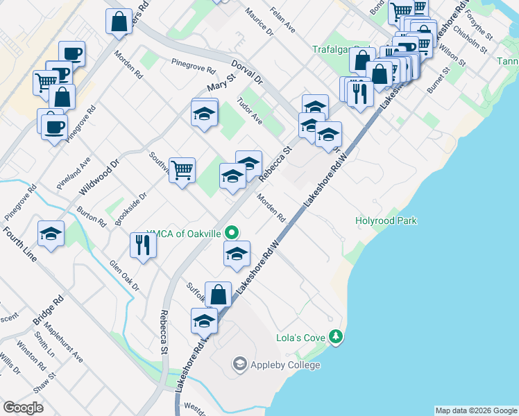 map of restaurants, bars, coffee shops, grocery stores, and more near 370 Christina Drive in Oakville