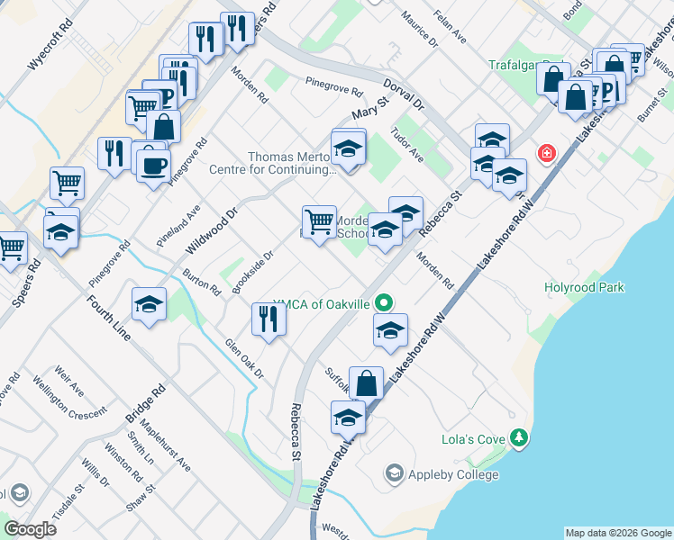 map of restaurants, bars, coffee shops, grocery stores, and more near 210 Woodale Avenue in Oakville