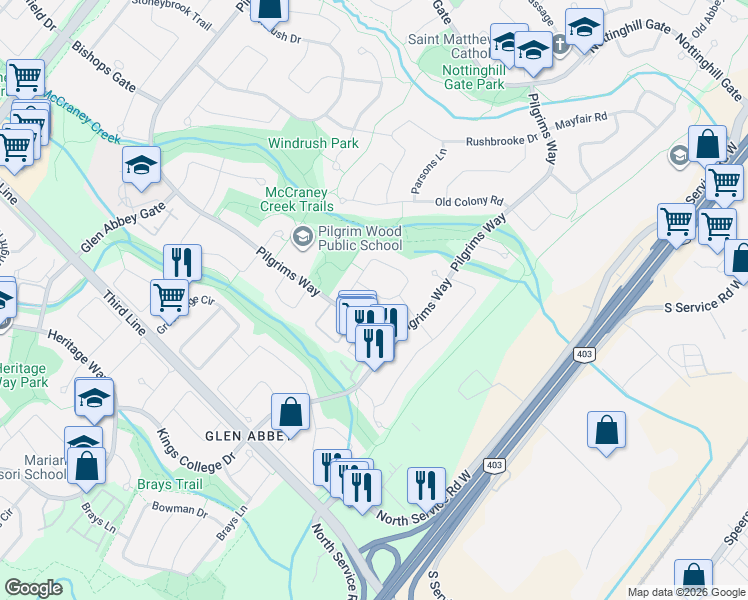 map of restaurants, bars, coffee shops, grocery stores, and more near 1235 Blackburn Drive in Oakville