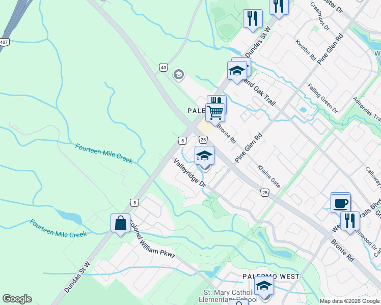 map of restaurants, bars, coffee shops, grocery stores, and more near 3058 Dewridge Avenue in Oakville