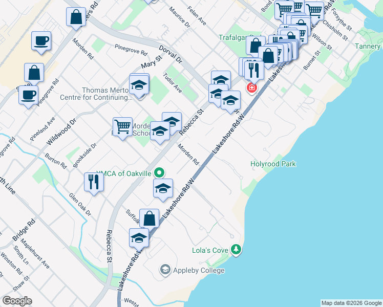 map of restaurants, bars, coffee shops, grocery stores, and more near 351 Lakeshore Road West in Oakville