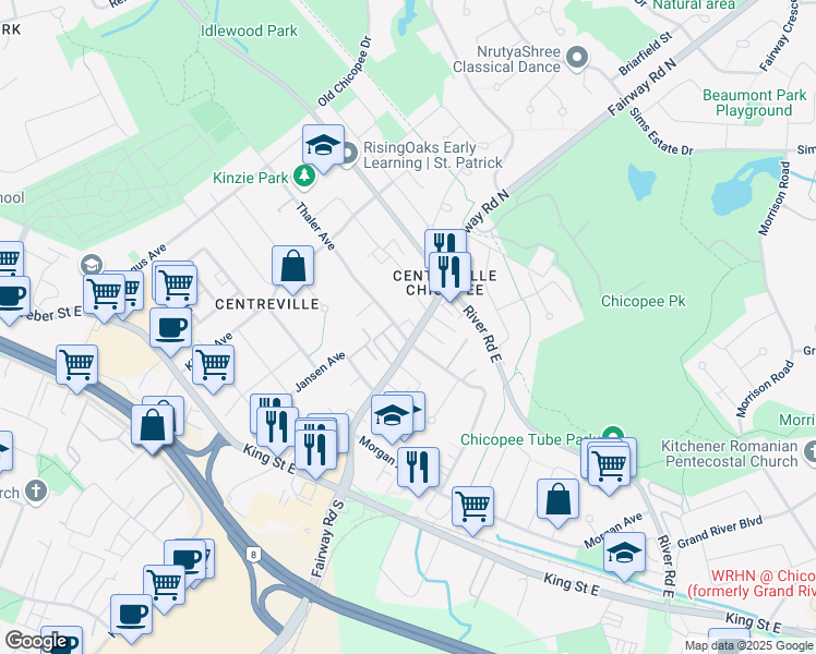 map of restaurants, bars, coffee shops, grocery stores, and more near 216 Thaler Avenue in Kitchener