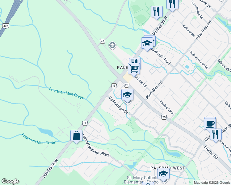 map of restaurants, bars, coffee shops, grocery stores, and more near 3091 Stornoway Circle in Oakville