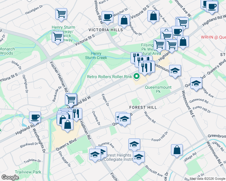 map of restaurants, bars, coffee shops, grocery stores, and more near 210 Overlea Drive in Kitchener