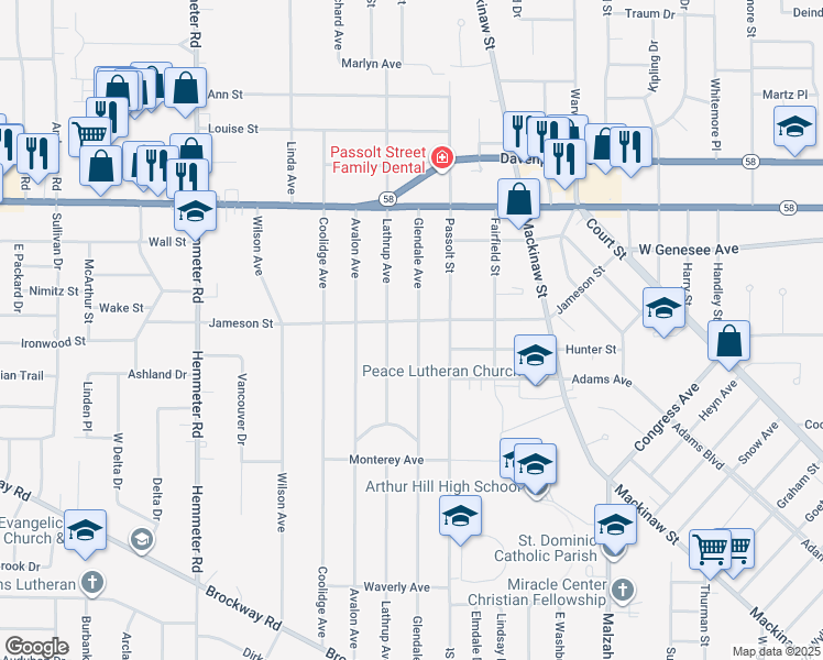 map of restaurants, bars, coffee shops, grocery stores, and more near 1690 Lathrup Avenue in Saginaw