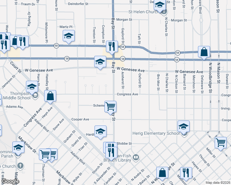 map of restaurants, bars, coffee shops, grocery stores, and more near 1800 Bay Street in Saginaw