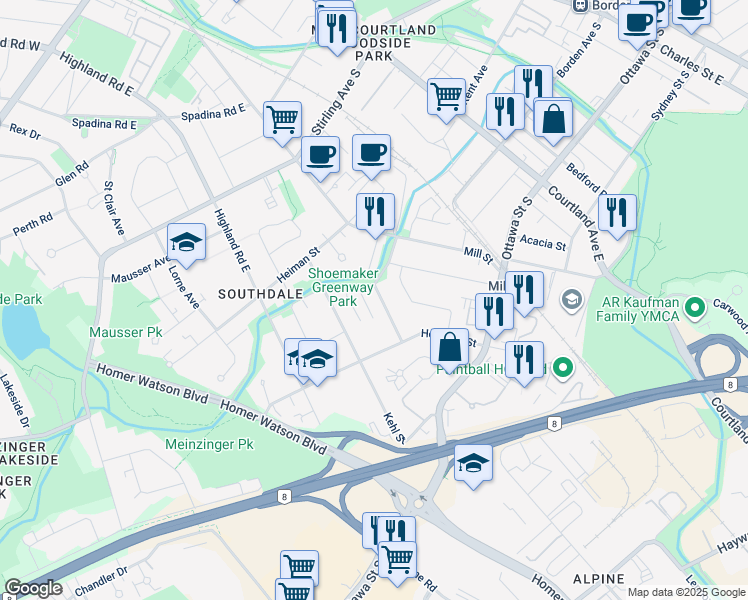 map of restaurants, bars, coffee shops, grocery stores, and more near 11 Meinzinger Avenue in Kitchener