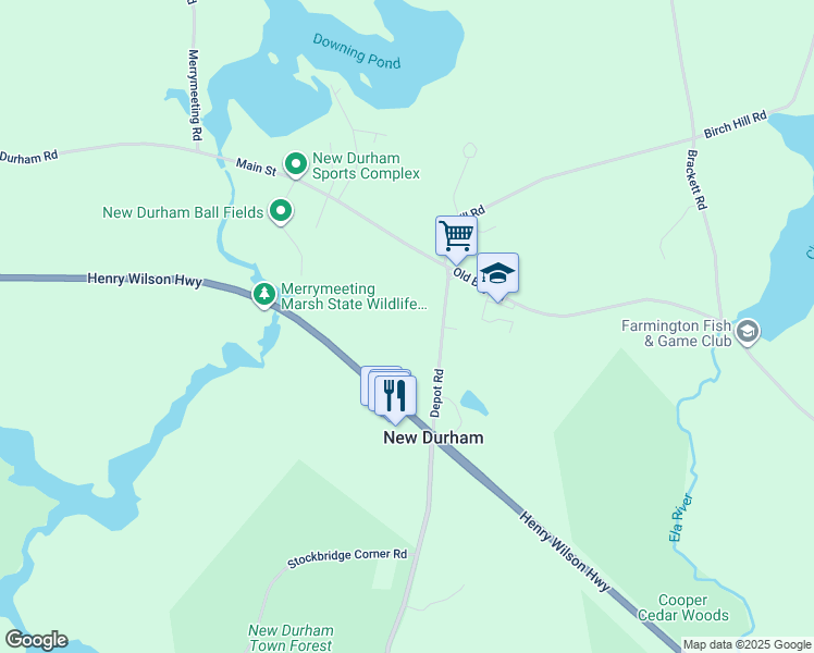 map of restaurants, bars, coffee shops, grocery stores, and more near 19 Depot Road in New Durham