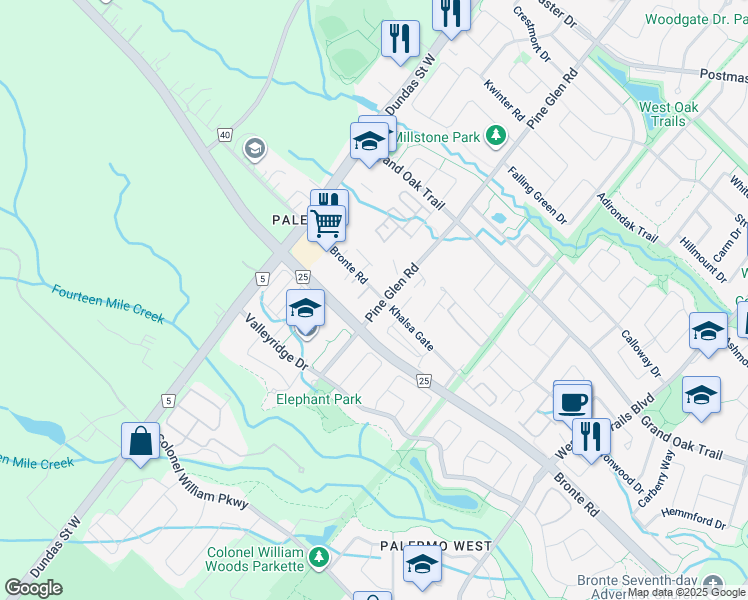 map of restaurants, bars, coffee shops, grocery stores, and more near in Oakville