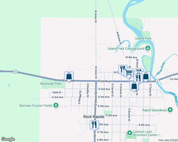 map of restaurants, bars, coffee shops, grocery stores, and more near 901-999 Main Street in Rock Rapids