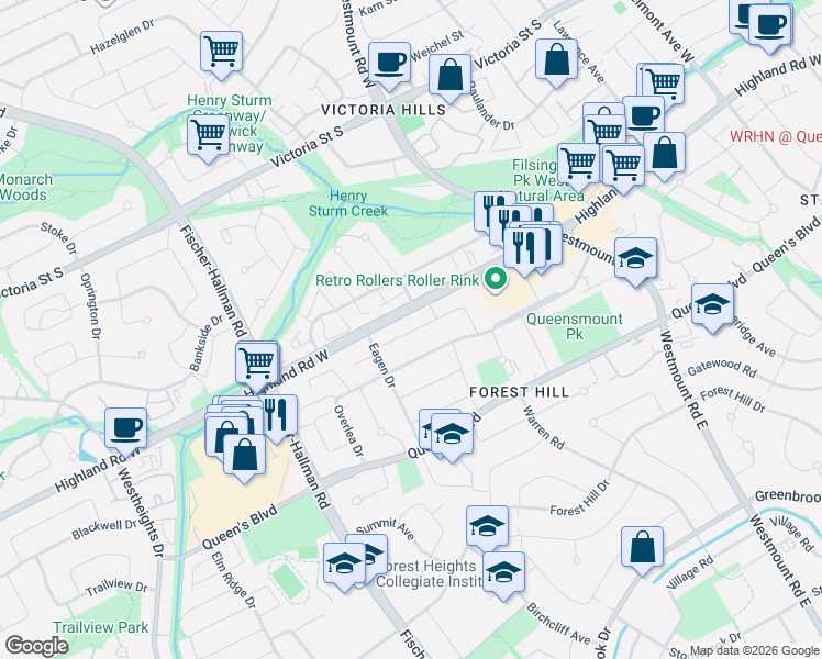 map of restaurants, bars, coffee shops, grocery stores, and more near 210 Overlea Drive in Kitchener