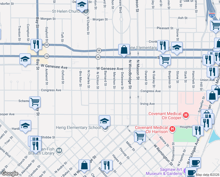 map of restaurants, bars, coffee shops, grocery stores, and more near 1727 Barnard Street in Saginaw