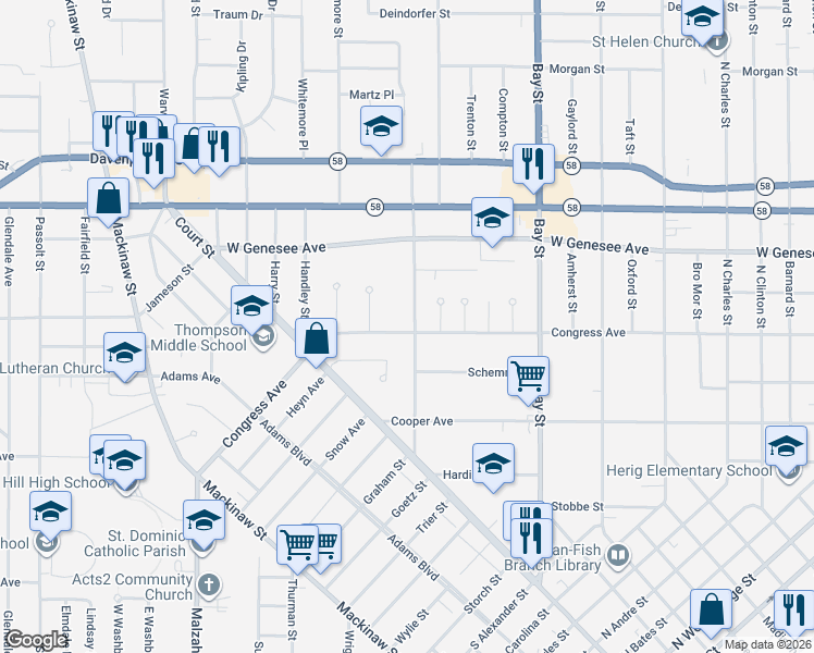 map of restaurants, bars, coffee shops, grocery stores, and more near 1721 Brenner Street in Saginaw