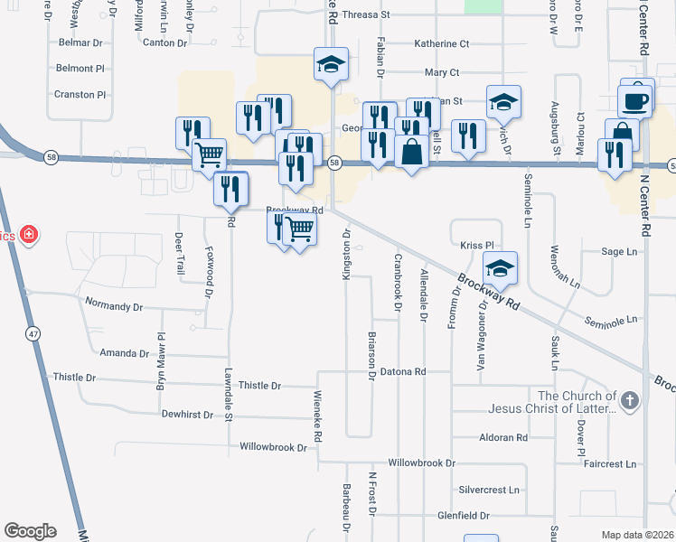 map of restaurants, bars, coffee shops, grocery stores, and more near 1681 Kingston Drive in Saginaw